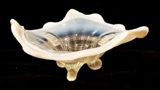 Vtg Antique Art Glass Ruffled Edge Pie Crust Footed Bowl Iridescent White Clear