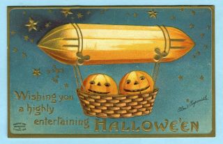 Antique 1909 Ellen Clapsaddle Halloween Postcard Jol Pumpkins In Airship