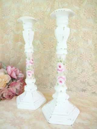 Bydas Pair Candle Sticks Pink Roses Hp Hand Painted Chic Shabby Vintage Cottage