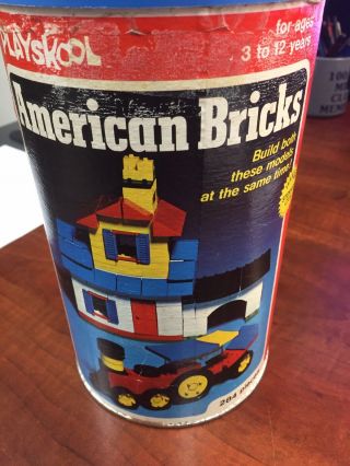 Vintage Playskool American Bricks Block Set W/storage Can 1976 Building Blocks