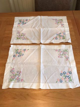 Pair Vintage Hand Embroidered Linen Dressing Side Tablecloth Flowers Floral