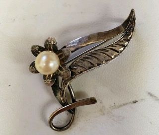 Antique Sterling Flower Leaf Brooch Pin With White Pearl Silver
