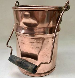 Antique French Rustic Copper Handmade Milk Pail With A Wooden Handles