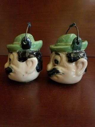Vintage salt and pepper shakers 1488 Man ' s Head with Metal Handle Numbered 2