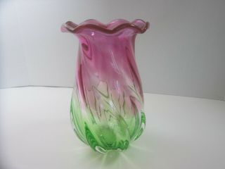 Vintage Glass Vase Cranberry & Green Swirl 7 1/2” Teleflora Gift Hand Blown