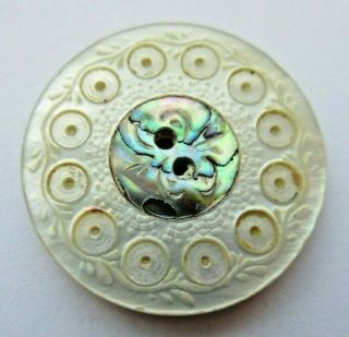 Antique Victorian Carved White Mop Button Inlaid Abalone Shell (g)