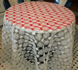 Vintage Handmade White/ Ecru Crochet Lace Tablecloth 78 " X 90 "