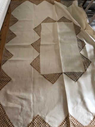 Vintage Pure Natural Linen And Lace Table Cloth 72” X 56”