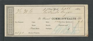 1864 York To Oregon { Steamer Commonwealth } Antique Civil War Receipt