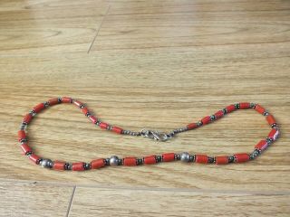 Vintage Chinese Silver And Cinnabar Necklace