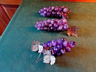 3 Vintage Handmade Natural Stone Amethyst Grape Clusters W.  Leaves,  5.  5 " - 6.  75 "