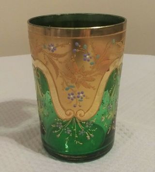 Antique Moser Green & Gold Tumbler With Hand Painted Flowers