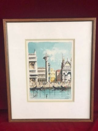 Mid Century Vintage Artist Signed Watercolor Of Venice Italy In Frame