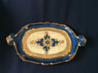 Vintage Italy Italian Florentine Gold Blue Gilt Wooden Tray Hand Painted