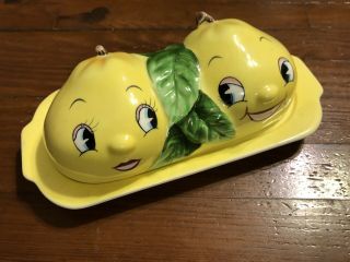 Py/napco Anthropomorphic Pear Fruit Faces Covered Butter Dish