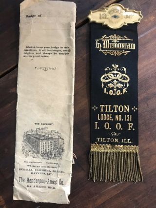 Antique Odd Fellows Ioof Medal Ribbon Badge In Memoriam Tilton Illinois