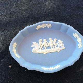 Vintage Blue Jasperware Wedgwood Oval Trinket Ring Dish With Cherubs Cupid & Dog