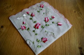 Vintage Organza Handkerchief Hanky Embroidered Rosebuds Hk33