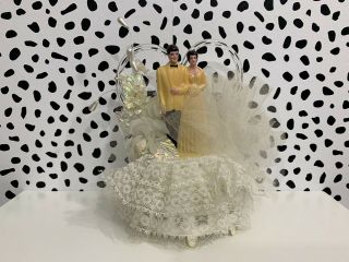 Vintage Tulle Lace Wedding Cake Topper Bride Groom Brunette Brown Yellow