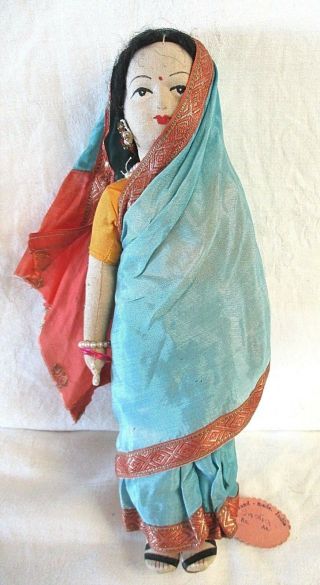 Vintage Handmade Doll With Tag From India 10 1/2 " - Female Circa 1960