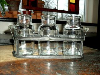 Antique Style Primitive Farmhouse Glass Milk Jugs Jar Bottles Vase Metal Holder