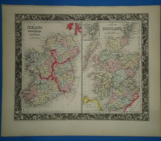 Vintage Circa 1860 Ireland Scotland Map Old Antique Vibrant Hand Color