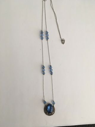 Antique Vtg Czech Blue Crystal Glass Necklace With Pendant