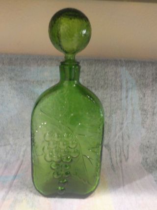 Antique Dark Green Wine Decanter W/raised Grapes & Vine And Stopper