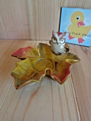 Owl Candle Holder Autumn Leaf Shaped Dish Tea Light Red Gold Ceramic