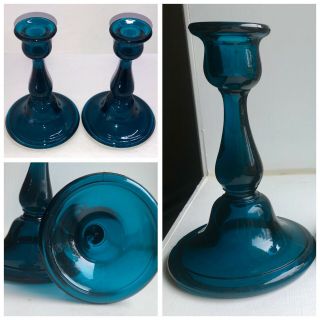 Teal Blue Pressed Glass 6” Candlesticks Wide Base Set Of 2 Candle Holders