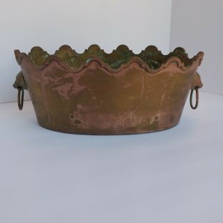 Vintage Antique Copper And Brass Oval Bowl With Lion Head Handles