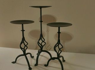 3pc Vtg Wrought Iron Metal Pillar Candle Holders