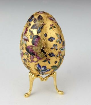 Chinese Export Cloisonne Painted Enamel Butterfly Insect Gold Egg On Brass Stand