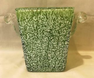 Mid Century Modern Square Glass Vase Green White Mottled 2 Clear Handles Unique