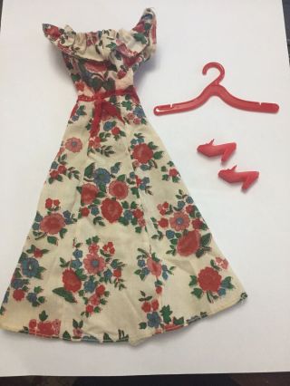 Vintage Barbie Best Buy Floral Dress 9160 Red Pilgrim Shoes & Hanger