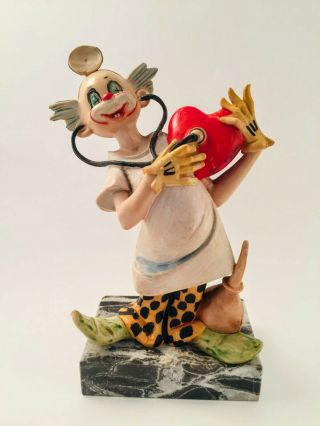 Italian Clown Figurine Doctor With Heart Stethoscope On Carrara Marble Base