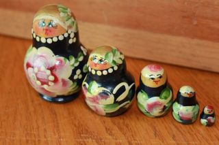 5 Russian Nesting Dolls Floral Wooden Babushka Matryoshka Hand Painted Vintage