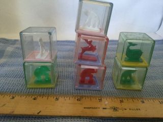 Vintage Clear Plastic Blocks With Animals & Rattle Bead Inside
