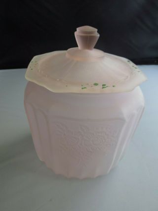 1930s Vtg Pink Biscuit Jar Depression Frosted Glass Mayfair Open Rose Hp Flowers