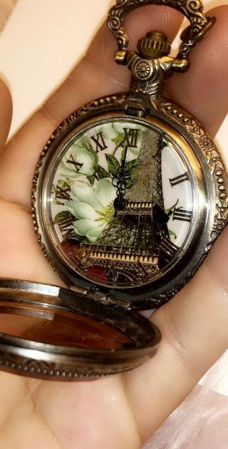 Ooak Vintage Antique Pocket Watch Paris Eiffel Tower Con Opens Gold Ac