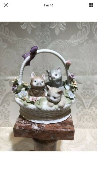 Royal Albert Music Box Animal Floral 3 Kittens In A Basket,  Plays:”fur Elise”
