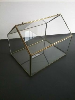Vintage Glass Brass House Trinket Box Showcase Display Large 10 X 7 1/2 X 8 Inch