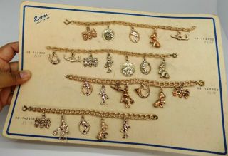Antique Vtg Sample Book Of 4 Bracelet Brass Hanging Figures Dog Coin Monkey 1960