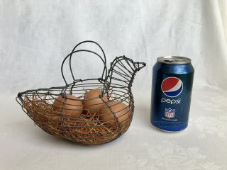 Vintage Egg Holder Primitive Wire Basket Hen Chicken Metal Handles Child Size