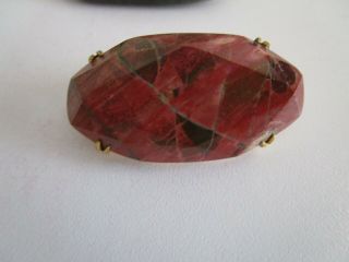Antique Natural Stone Pink & Brown Agate Oval Brooch Pin Gold Metal Setting