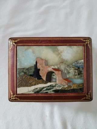 Vintage 5 " X 4 " Leather Trinket Box - Inlaid Stone - Made In Italy