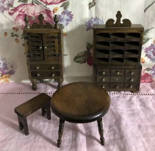 Vintage Doll House Furniture Wooden 4 Pc Table Hutch Stool