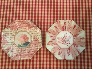 2 Marye Kelley Floral Toile Botanical Floral Decoupage Glass Plates Signed Euc