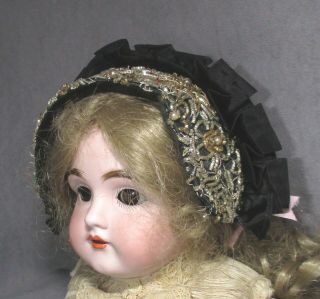 Vintage Doll Hat - Bonnet - Headband - Black Satin W/metallic Embroidery