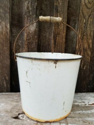 Antique Enamelware Bucket Pot White Black Trim Pail Wood Handle Vtg Milk Farm 